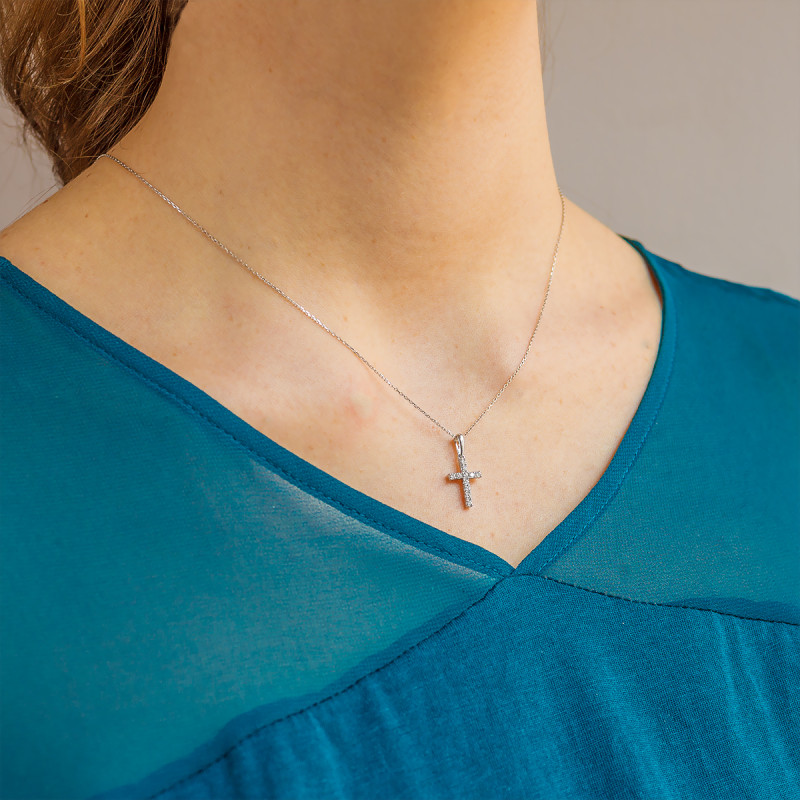 Pendentif Croix en Or Blanc 750 & Diamants 0,20 ct - Juweel