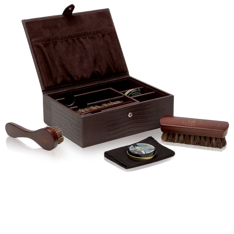 Kit De Cirage Chaussures 9 Pièces - Cire Noire Et Transparente, Brosses, Chiffons - Étui De Voyage En Cuir PU - 6