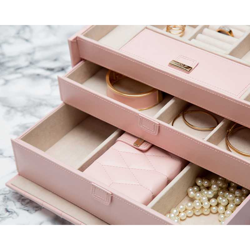 Boite A Bijoux Cuir Rose Caroline Moyenne Wolf 14 Ocarat