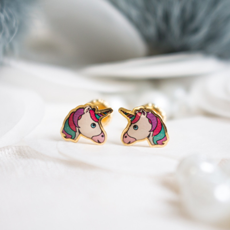 Cadeau Petite Fille Boucles D'Oreilles Licorne Enfant En Or 9 Carats - Émaillé Coloré - Cadeau Certifié Mondepetit Boucles Or 9 Carats Licorne émaillé