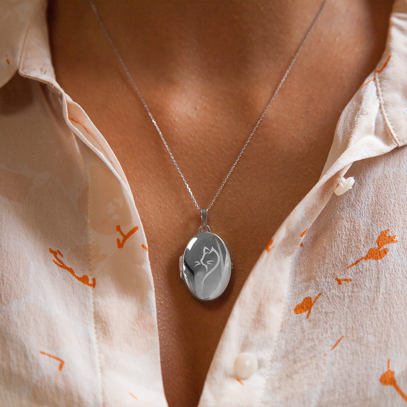 Pendentif Porte Photo Ovale Motif Chat Argent Rhodie Ocarat