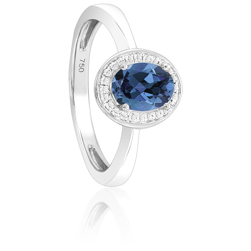 Bague Pompadour En Or Blanc 18k Avec Diamants & Topaze - Bijou Occasion - Style Vintage