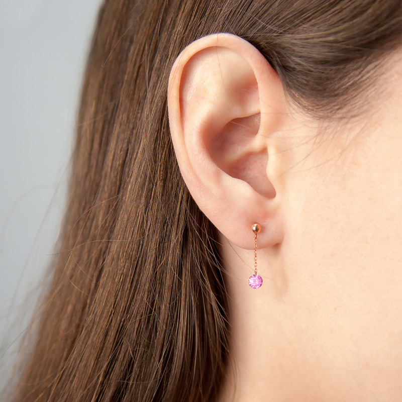 Boucles d'Oreilles Pendantes en Or Rose 750 & Saphir Rose Percé - Demetra