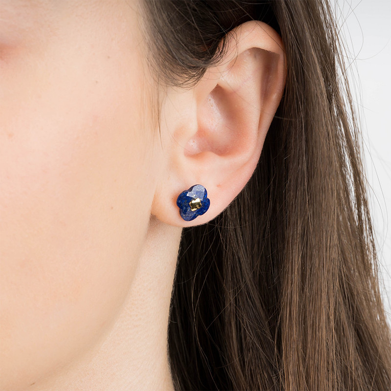 Boucles d'Oreilles Puces Trèfle en Or Jaune 750 & Lapis Lazuli - Morganne Bello