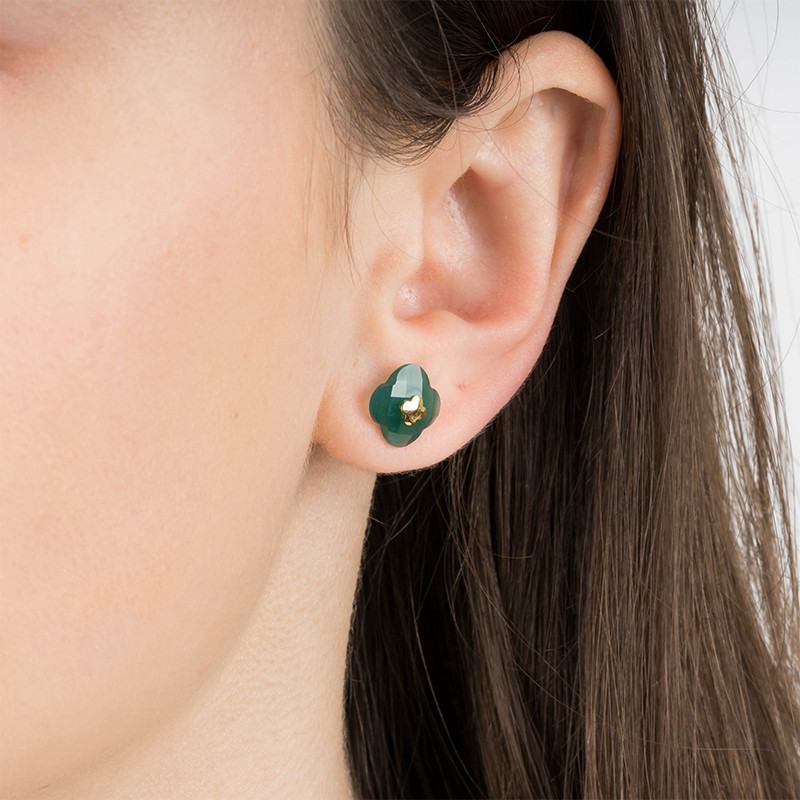 Boucles d'Oreilles Puces Trèfle en Or Jaune & Agate Verte - Morganne Bello