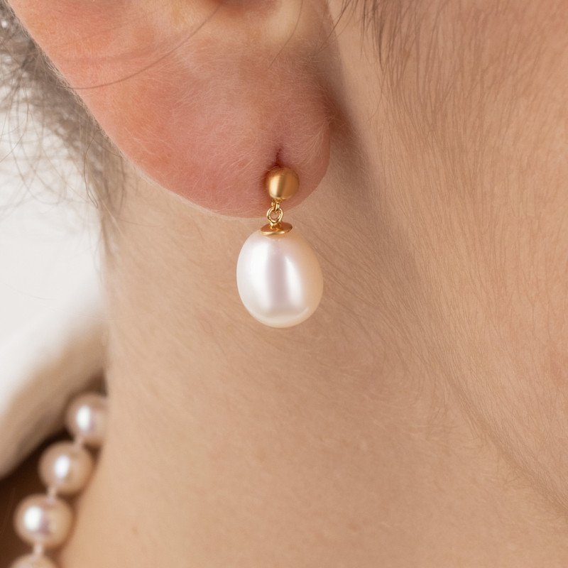 Boucles d'Oreilles en Or Jaune 750 & Perles d'Eau Douce Poire 8/9 mm - Négoce-îles
