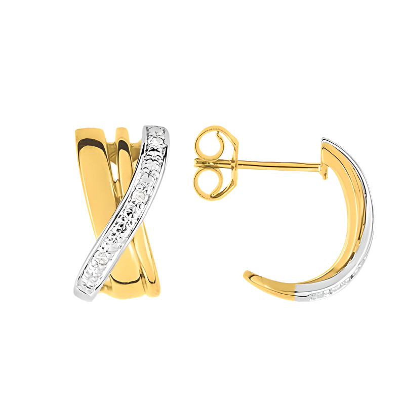 Boucles d'Oreilles Créoles Croisées en 2 Ors 750 & Diamants 0,03 ct - Emanessence