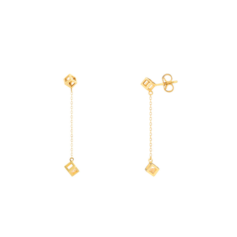 Boucles d'Oreilles Pendantes Cubes en Or Jaune 750 & Diamants 0,20 ct - Demetra