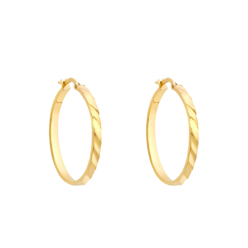 Boucles d'Oreilles Créoles Nervurées Fil Rectangulaire Tourné en Or Jaune 375, Diamètre 28 mm - Emanessence