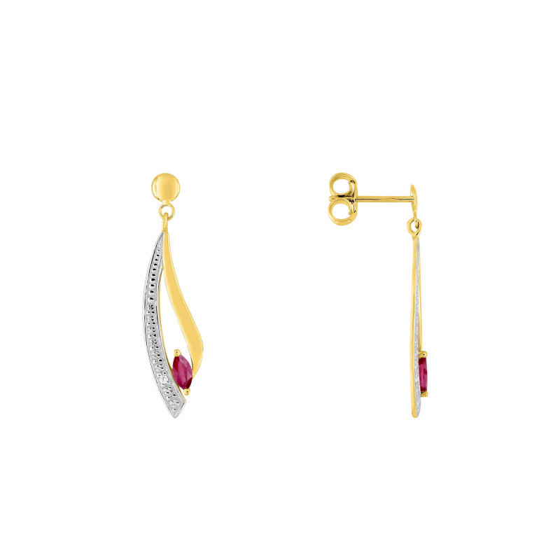 Boucles d'Oreilles en Or Jaune 375 & Oxydes de Zirconium et Rubis - Aurora