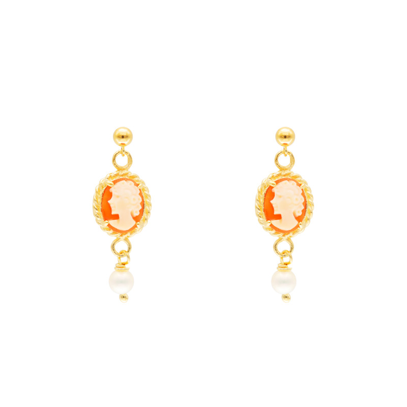 Boucles d'Oreilles Camée Orange en Or Jaune 375 ou 750 & Perles Blanches - Lucas Lucor