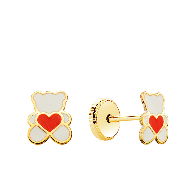 Boucles d'Oreilles Ours Blanc Coeur Rouge en Or Jaune 750 & Émaillés - Bambins