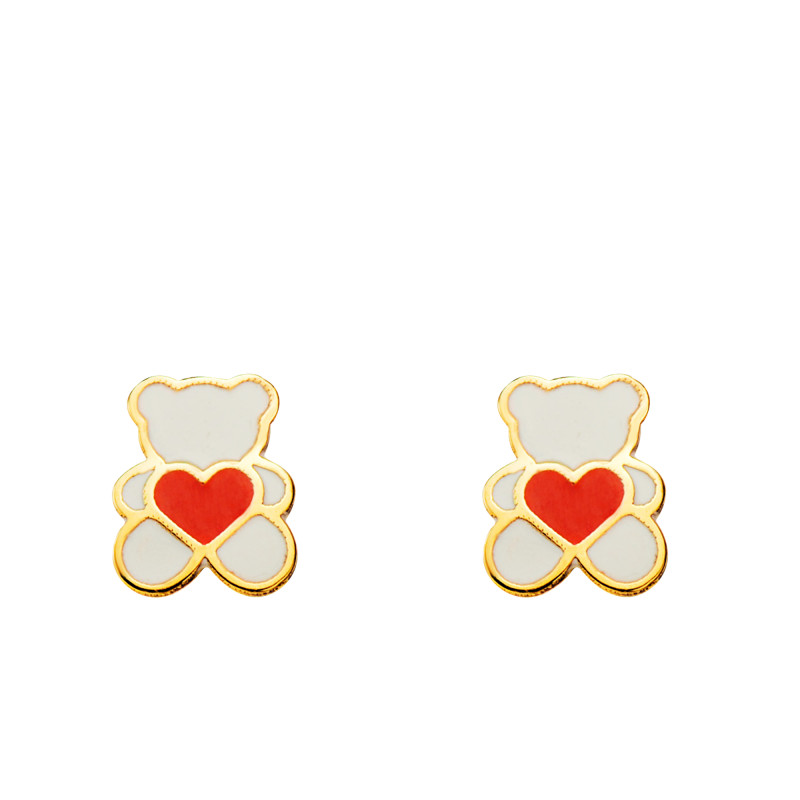 Boucles d'Oreilles Ours Blanc Coeur Rouge en Or Jaune 750 & Émaillés - Bambins