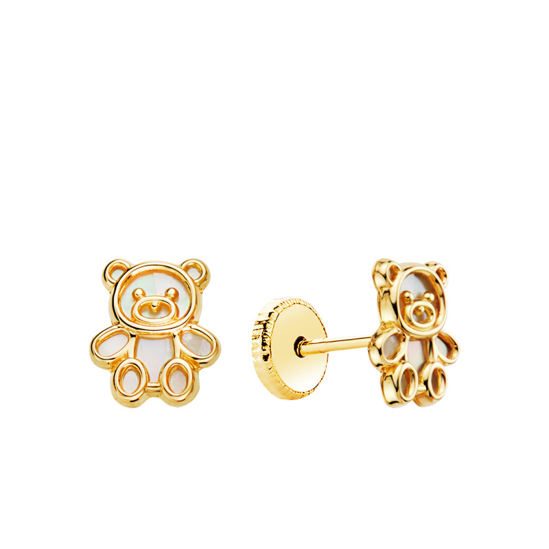Boucles d'Oreilles Ours Ajouré en Or Jaune 750 & Nacre - Bambins