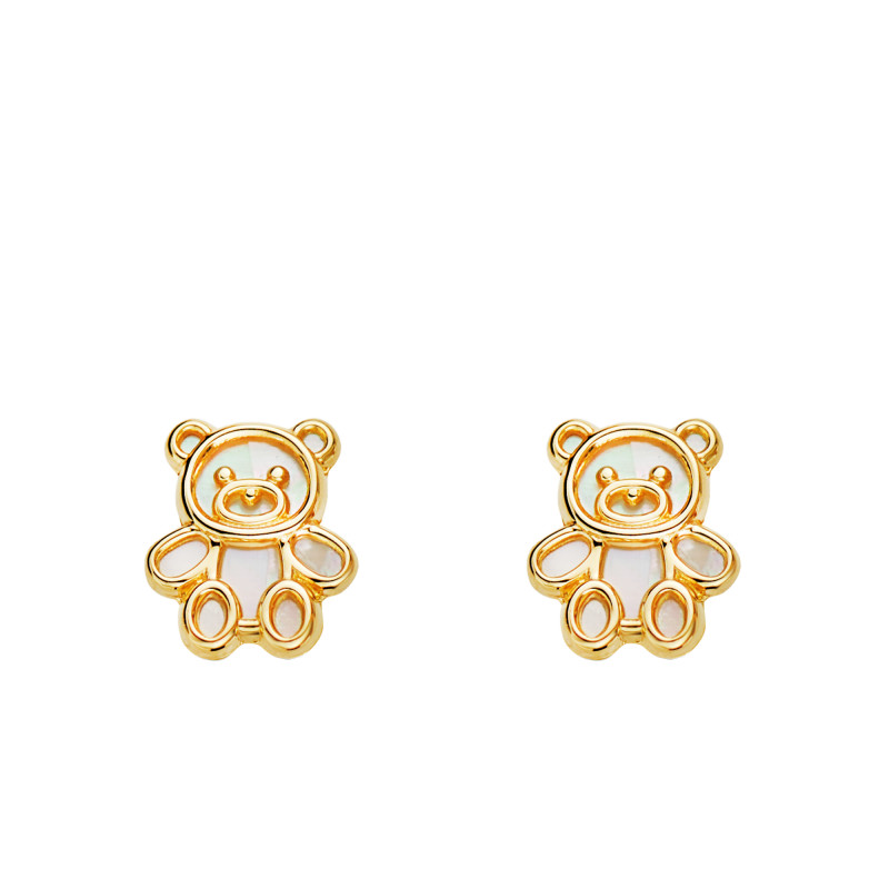 Boucles d'Oreilles Ours Ajouré en Or Jaune 750 & Nacre - Bambins