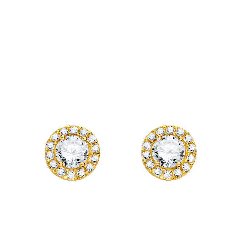 Boucles d'Oreilles Rondes en Or Jaune 750 & Halo d'Oxydes de Zirconium Blancs - Emanessence