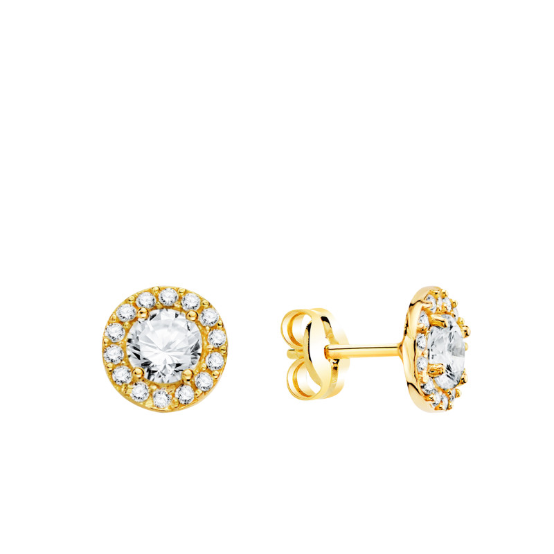 Boucles d'Oreilles Rondes en Or Jaune 750 & Halo d'Oxydes de Zirconium Blancs - Emanessence