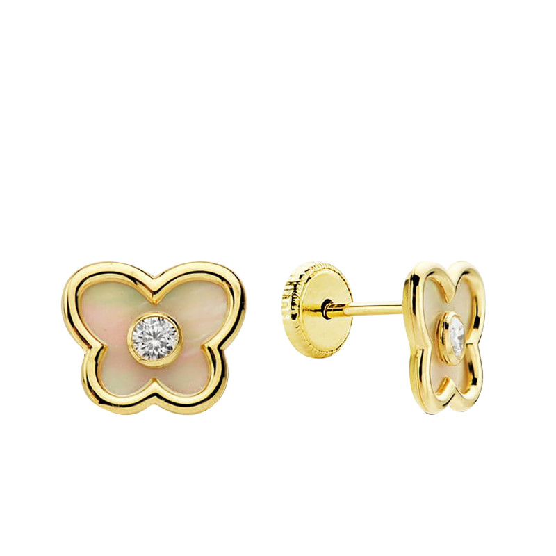 Boucles d'Oreilles Papillons en Or Jaune 750 & Pierres Blanches et Nacres - Bambins