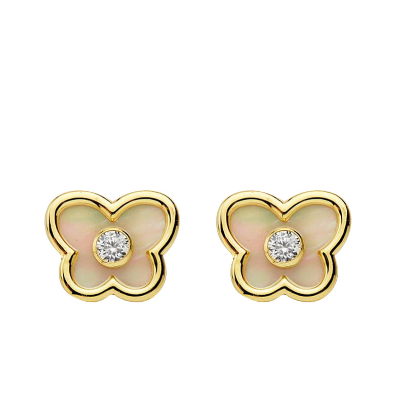Boucles d'Oreilles Papillons en Or Jaune 750 & Pierres Blanches et Nacres - Bambins