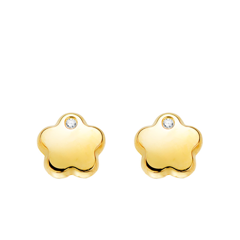 Boucles d'Oreilles Fleurs en Or Jaune 750 & Oxydes de Zirconium Blancs - Bambins