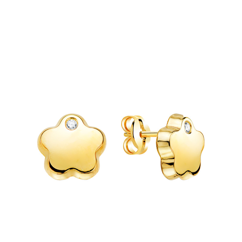 Boucles d'Oreilles Fleurs en Or Jaune 750 & Oxydes de Zirconium Blancs - Bambins