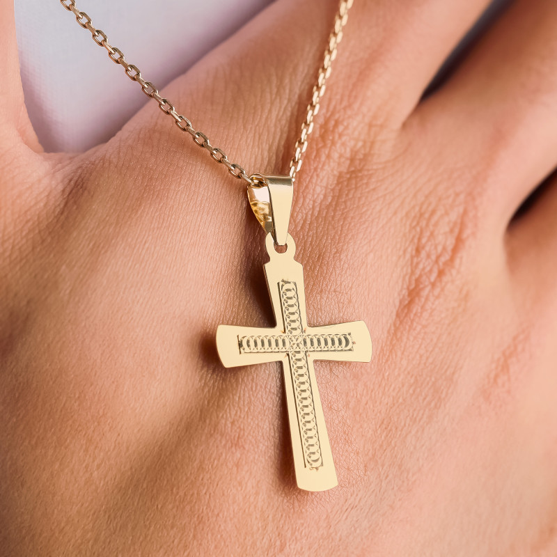 Pendentif Croix Sculptée à l'Intérieur en Or Jaune 750 - Vandona