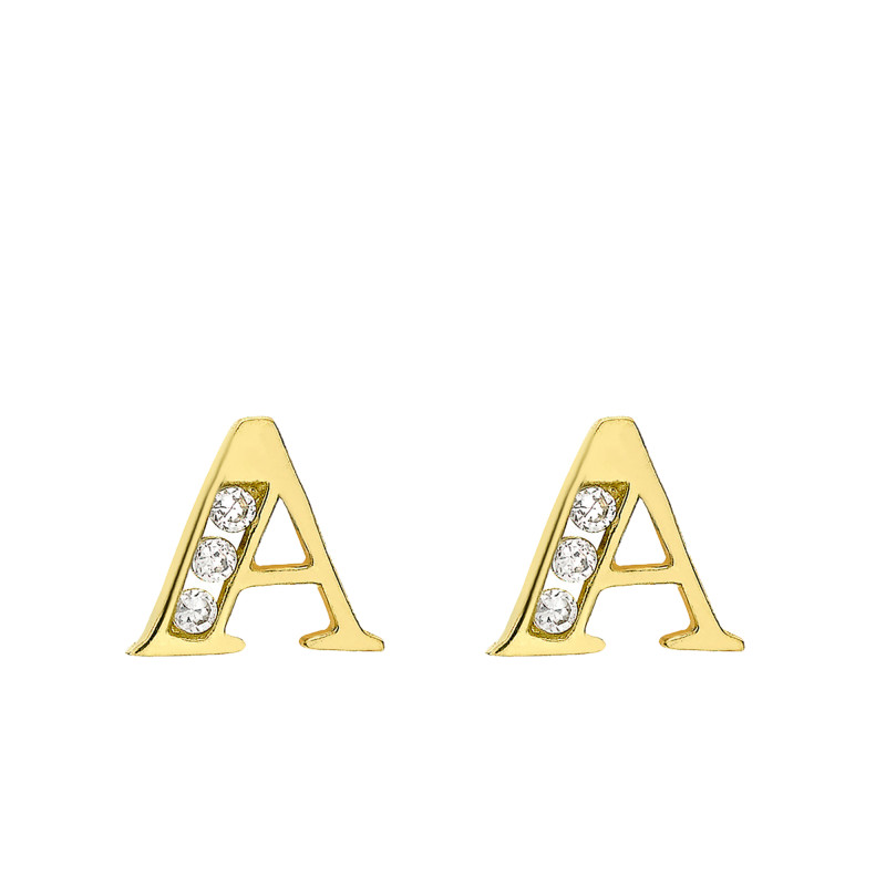 Boucles d'Oreilles Puces Lettre A en Or Jaune 375 & Oxyde de Zirconium - Emanessence