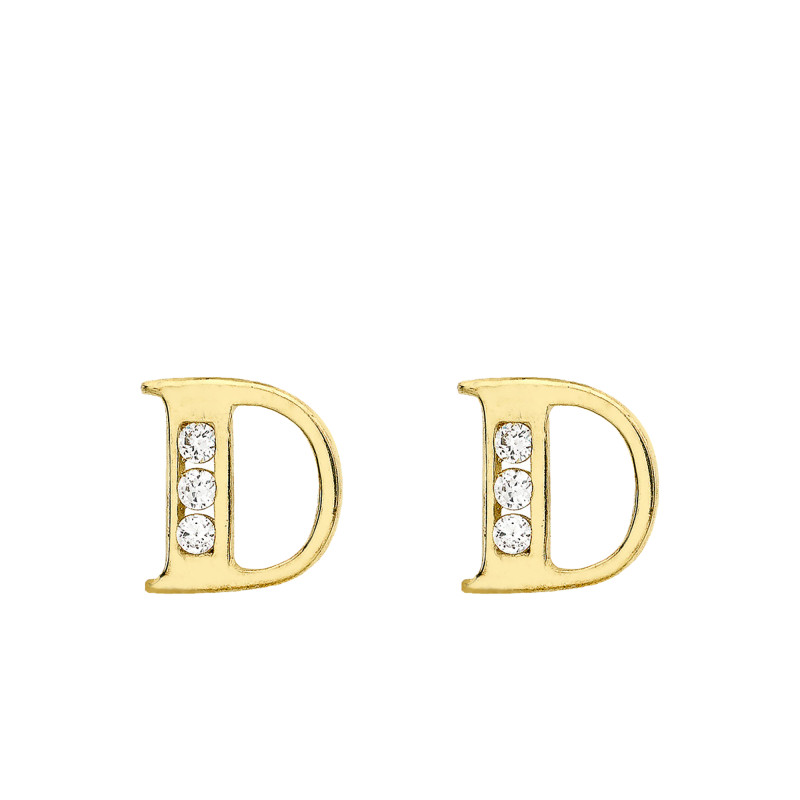 Boucles d'Oreilles Puces Lettre D en Or Jaune 375 & Oxyde de Zirconium - Emanessence