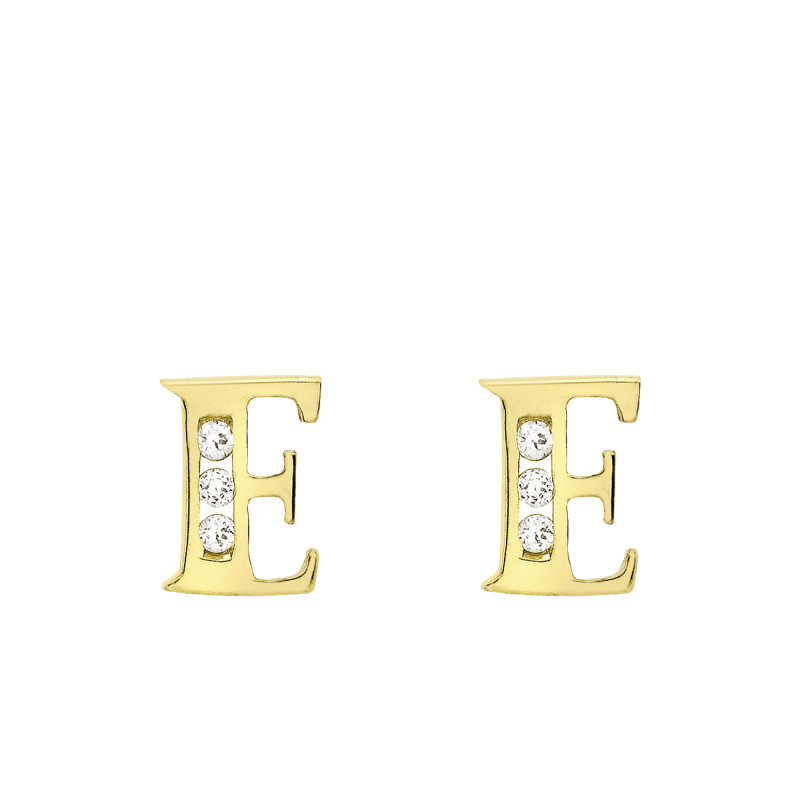 Boucles d'Oreilles Puces Lettre E en Or Jaune 375 & Oxyde de Zirconium - Emanessence