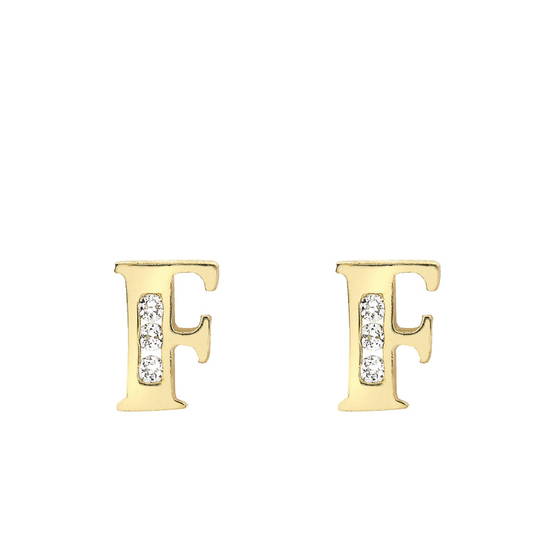 Boucles d'Oreilles Puces Lettre F en Or Jaune 375 & Oxyde de Zirconium - Emanessence