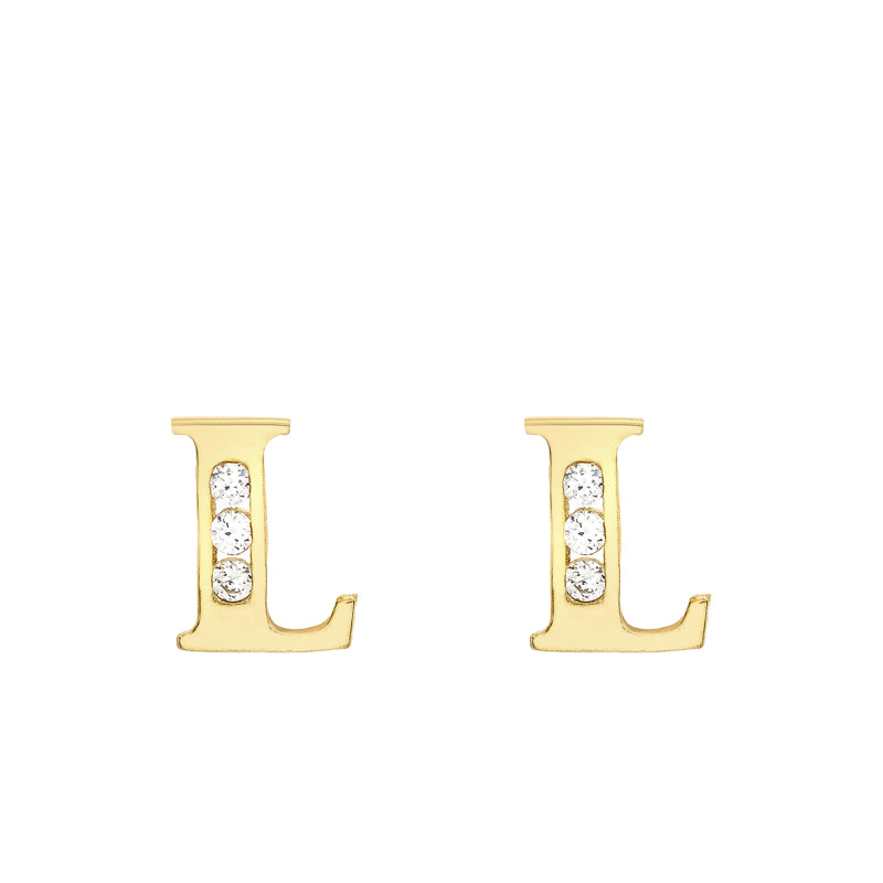 Boucles d'Oreilles Puces Lettre L en Or Jaune 375 & Oxyde de Zirconium - Emanessence