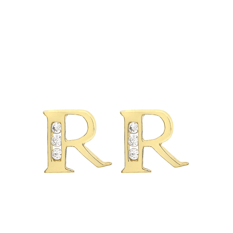 Boucles d'Oreilles Puces Lettre R en Or Jaune 375 & Oxyde de Zirconium - Emanessence