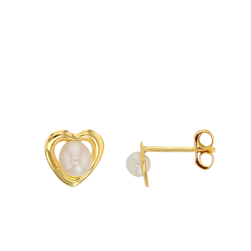 PROMO Boucles d'Oreilles Puces Coeur en Or Jaune 750 & Perle de Culture d'Eau Douce - Emanessence OCARAT.COM BIJOUTERIE N°1