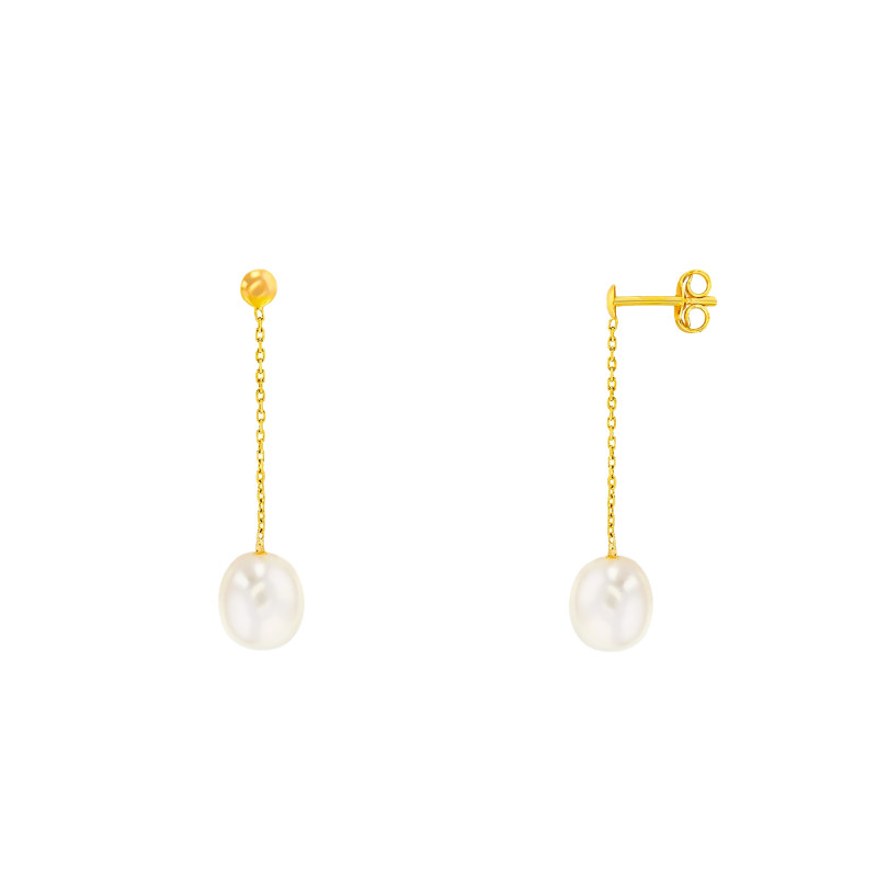 Boucles d'Oreilles Pendantes en Or Jaune 375 ou 750 & Perle Blanche - Emanessence