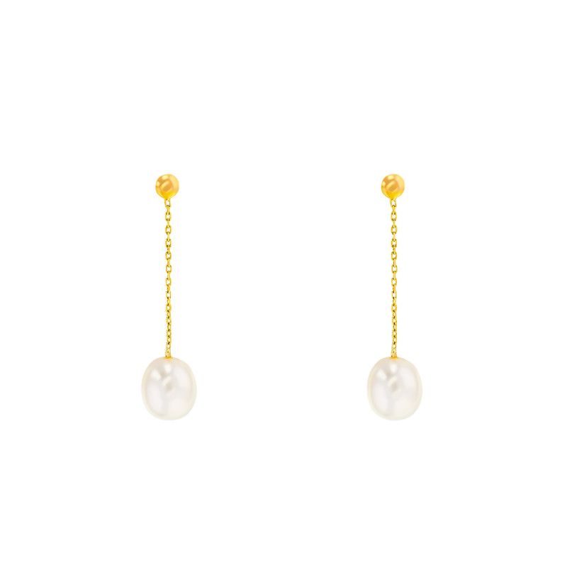 Boucles d'Oreilles Pendantes en Or Jaune 375 ou 750 & Perle Blanche - Emanessence