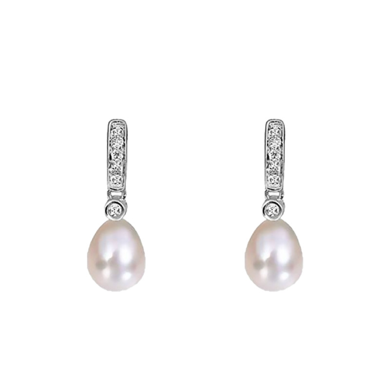 Boucles d'Oreilles Pendantes en Or Blanc 750 & Diamants et Perles de Culture - Emanessence