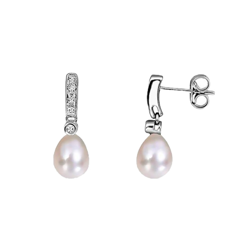 Boucles d'Oreilles Pendantes en Or Blanc 750 & Diamants et Perles de Culture - Emanessence
