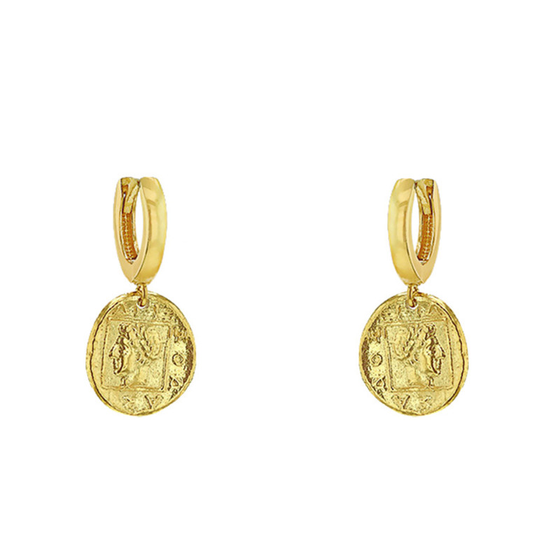 Boucles d'Oreilles Créoles Pièces Romaines en Plaqué Or, Diamètre 8 mm - Emanessence