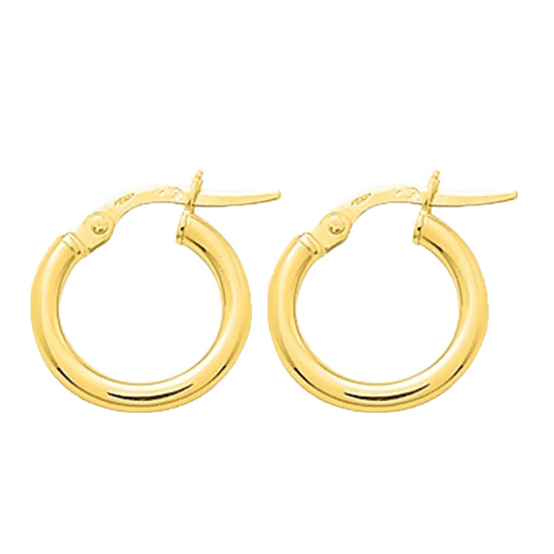 Boucles d'Oreilles Créoles Fil Rond en Or Jaune 375, Diamètre 10 mm - Emanessence