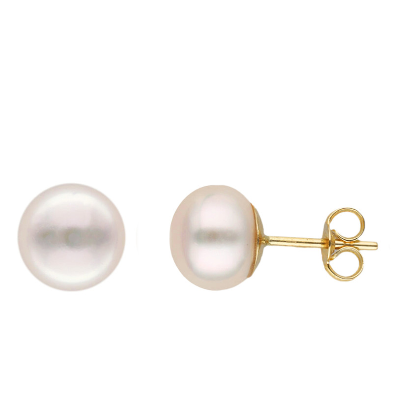 Boucles d'Oreilles Puces en Or Jaune 750 & Perle de Culture d'Eau Douce - Emanessence
