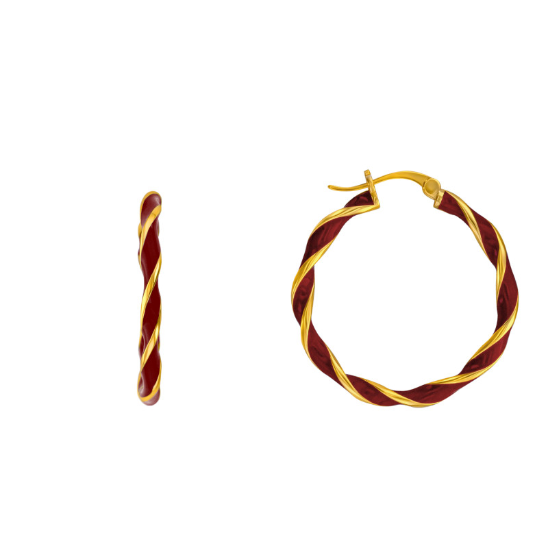 PROMO Boucles d'Oreilles Créoles Torsadées en Argent Doré à l'Or Fin & Émail Rouge, Diamètre 27 mm - Emanessence OCARAT.COM BIJOUTERIE N°1