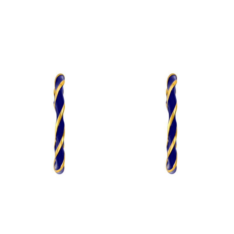 Boucles d'Oreilles Créoles Torsadées en Argent Doré à l'Or Fin & Émail Bleu, Diamètre 27 mm - Emanessence