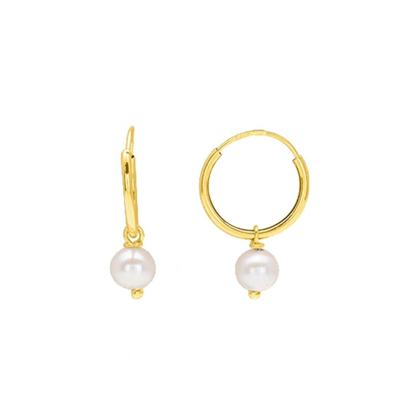Boucles d'Oreilles Créoles en Or Jaune 375 & Perle d'Eau Douce, Diamètre 1 cm - Emanessence
