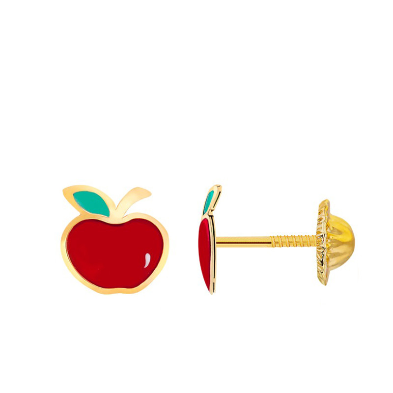 Boucles d'Oreilles Pomme en Or Jaune & Email - Bambins