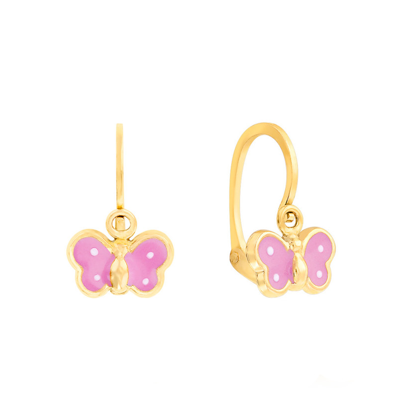 Boucles d'Oreilles Papillon Rose en Or Jaune 375 - Bambins