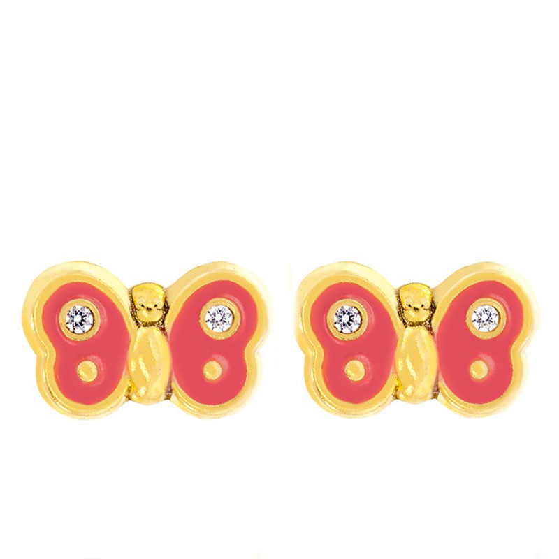 Boucles d'Oreilles Papillon en Or Jaune & Oxyde et Email Rose - Bambins