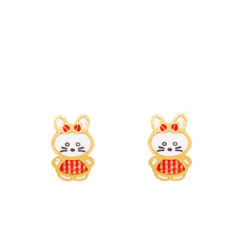 Boucles d'Oreilles Lapin Vichy Rouge en Or Jaune - Bambins