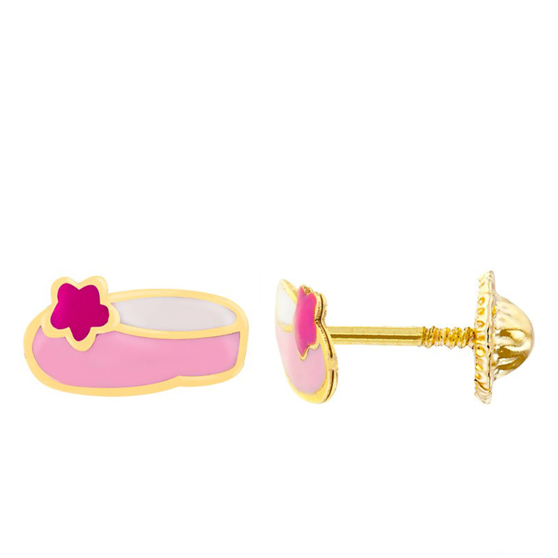 Boucles d'Oreilles Ballerines Roses en Or Jaune & Email - Bambins
