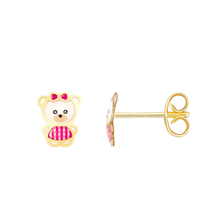 Boucles d'Oreilles Oursonnes en Or Jaune 750 & Email Vernie - Bambins