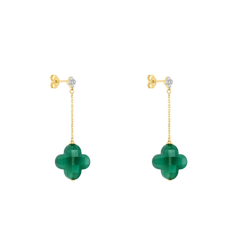Boucles d'Oreilles en Or Jaune 750 & Diamants et Agates Vertes - Morganne Bello